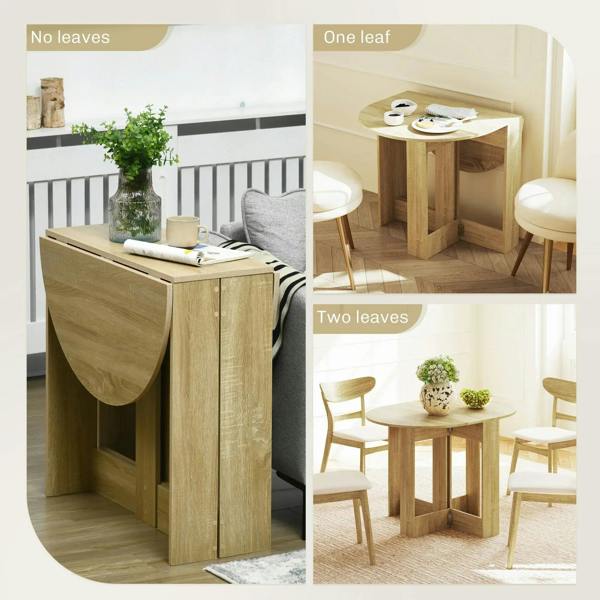 Oak drop-leaf table configurations: no leaf, one leaf, and two leaves