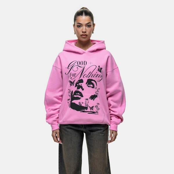 Good For Nothing Pink Contrast Print Relaxed Hoodie - Pink Image 1