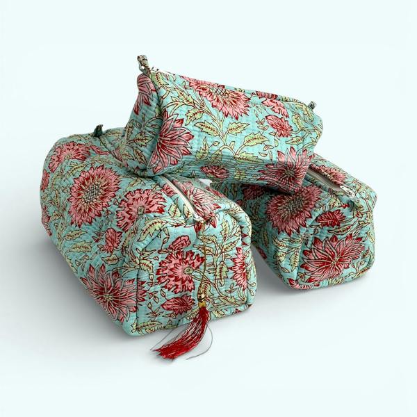 Hayley & Co Blue and Pink Floral Block Print Cotton Washbag, Make Up Bag, Pencil Case with Waterproof Lining - Pink Sunflower Print