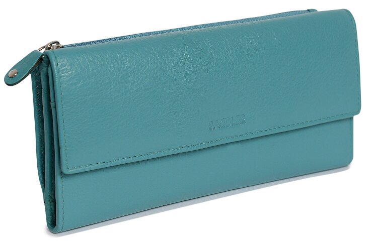 SADDLER CLAIRE Long Leather Trifold Purse - 18 Card Slots, Dual Zip Pockets, and Note Sections - RFID Protected - Teal