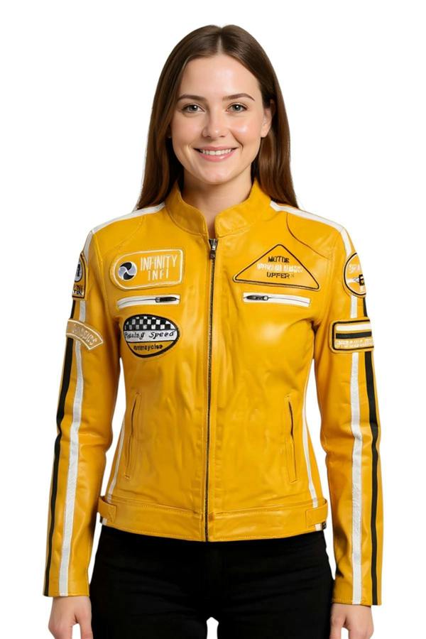 Infinity Leather Womens Leather Biker Racing Badges Jacket-Agadir