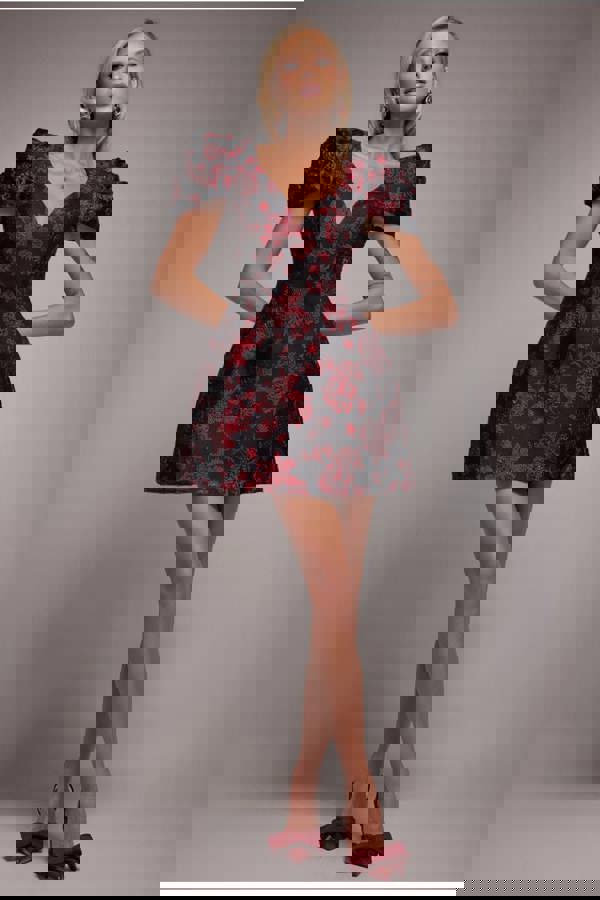 Plunging Neck Pleated Sleeve Jacquard Mini Dress - Black DR4772