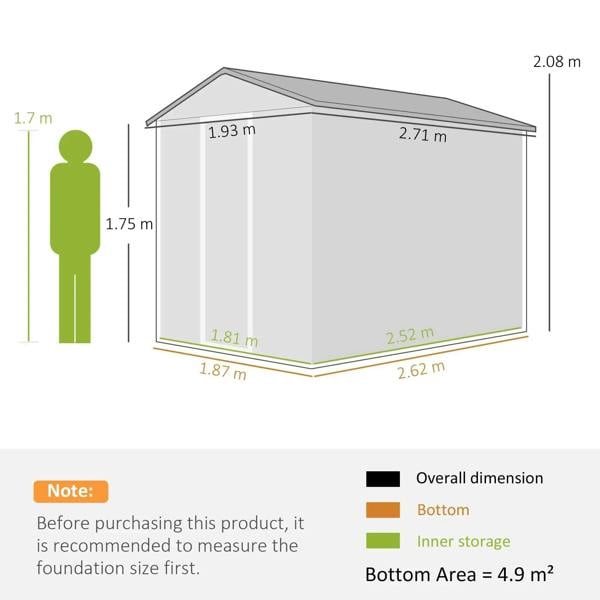 Metal garden shed diagram with sloped roof and size measurements