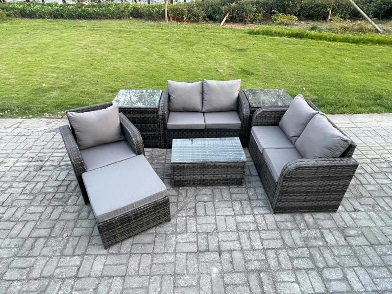 Fimous High Back Rattan Set, Loveseat Sofa, Coffee Table, 2 Side Tables and Big Footstool, Indoor Outdoor Patio Lounge, Dark Grey Mixed