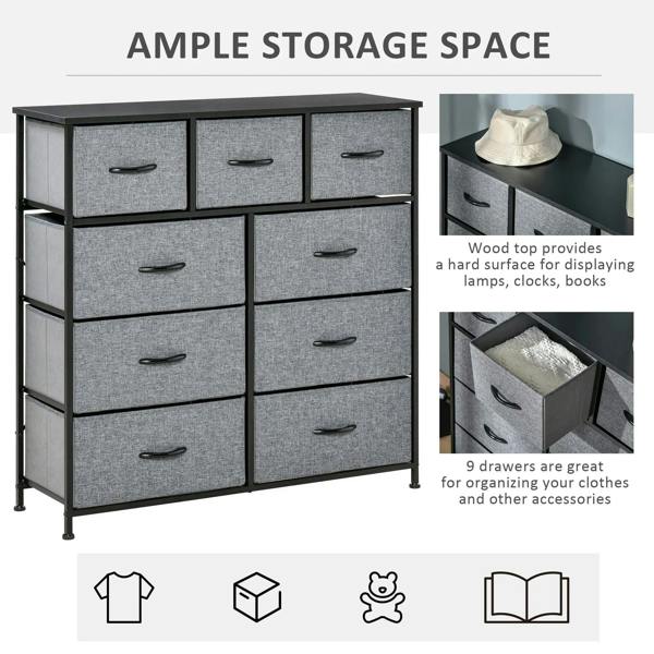 Grey fabric dresser with 9 storage drawers and black handles on a black metal frame