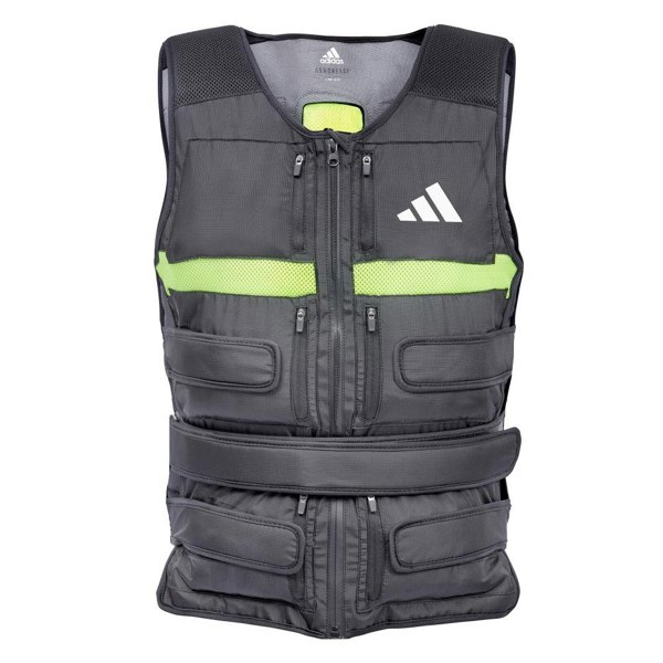 Black weight vest with green accents and Adidas logo on a white background