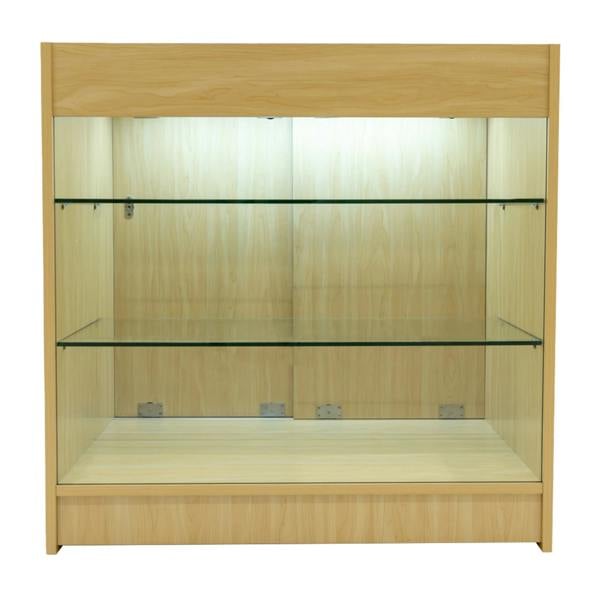 Maple LED shop counter set featuring a sleek design with glass shelves, ideal for displaying merchandise in retail spaces
