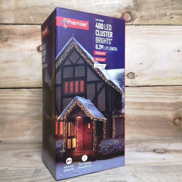 Samuel Alexander 480 LED 6.2m Premier Clusterbrights Indoor Outdoor Multifunction Mains Operated Christmas Cluster Lights with Timer in Vintage Gold