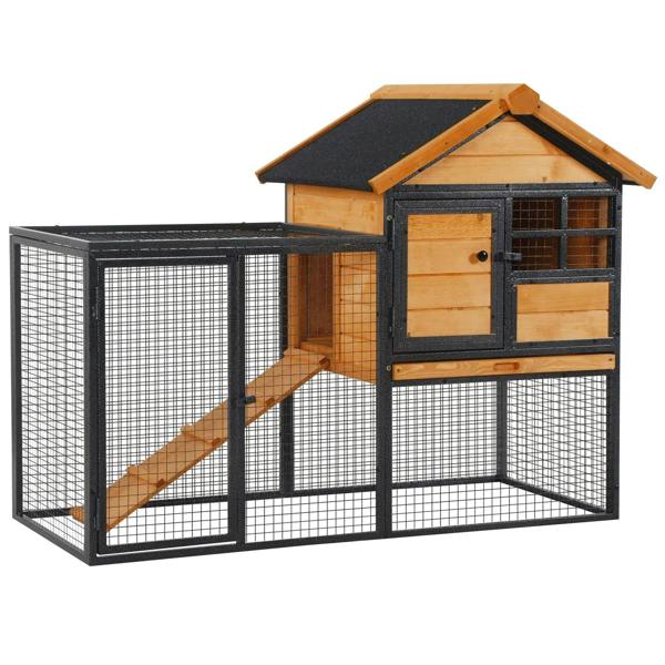 Elevated guinea pig hutch with wire run, wooden house, and black metal frame