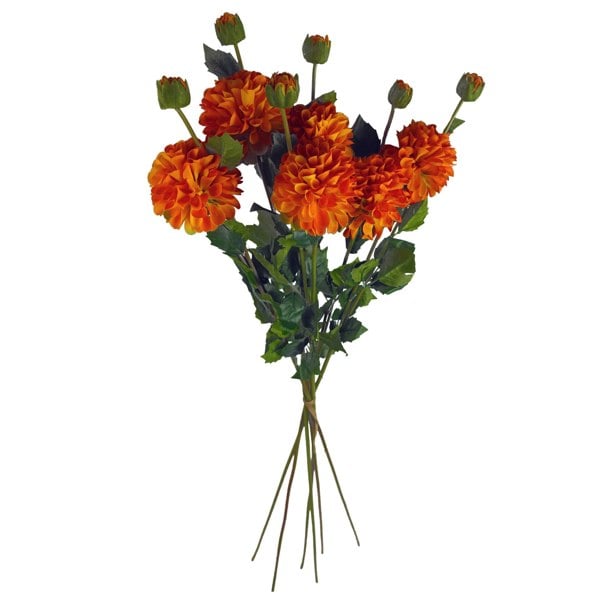 Leaf Pack of 6 x 75cm Artificial Dahlia PomPom Flower Stem Orange