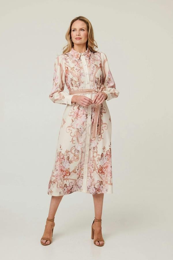 Beige | Floral Long Sleeve Tie Waist Midi Dress