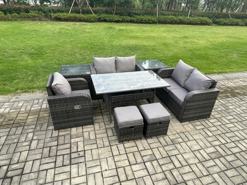 Fimous 7 Seater Dark Grey Mixed Rattan Outdoor Dining Set - Oblong/Rectangular Table, Chairs, 2 Small Footstools & 2 Side Tables