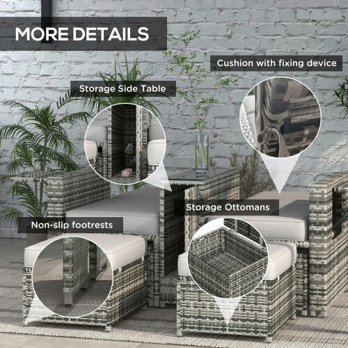 Wyld Haus Saelmo Grey Rattan Sun Lounger Set With Storage Tea Table And Footstools