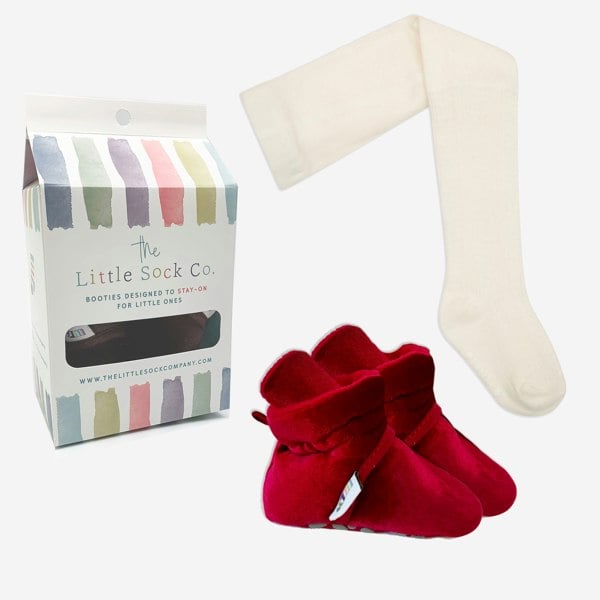 Little Sock Co. Bundle of Crimson Red Stay-on, Non-Slip Booties & Cosy Non-slip Tights