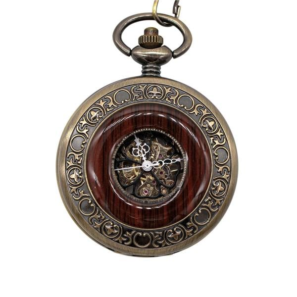 Infinity Leather Vintage Bronze Wooden Skeleton Half Hunter Alloy Pocket Watch