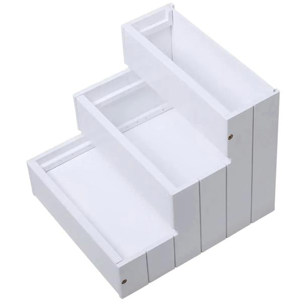 White 3-step pet stairs shown with open interior storage compartments