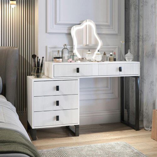 Wyld Haus Nalomo White Vanity Desk With Leaf ShaFauxd Mirror 5 Drawers And 3 Colour LED Lighting