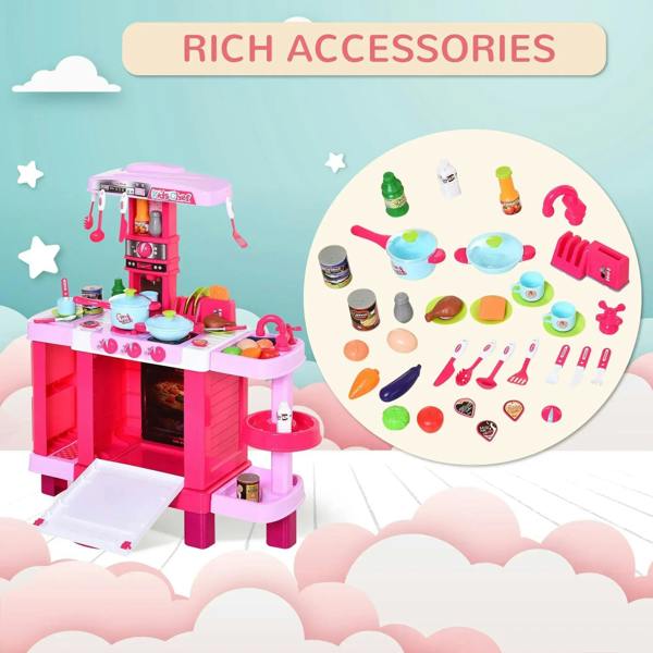 Kids kitchen play set with many included accessories in bowls, utensils, and cookware.