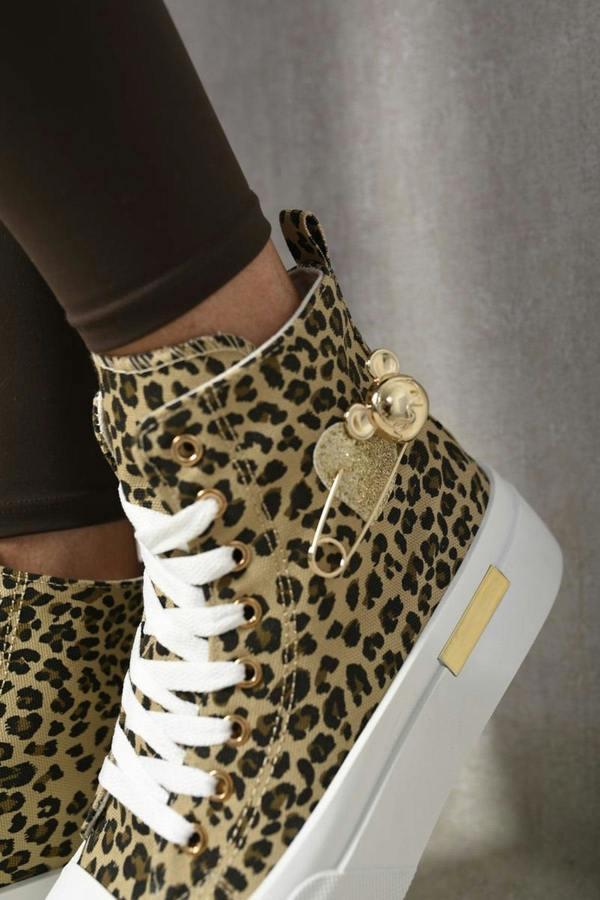 Dana High Top Lace Up Platform Ankle Trainers With Decorative Detail - Leopard