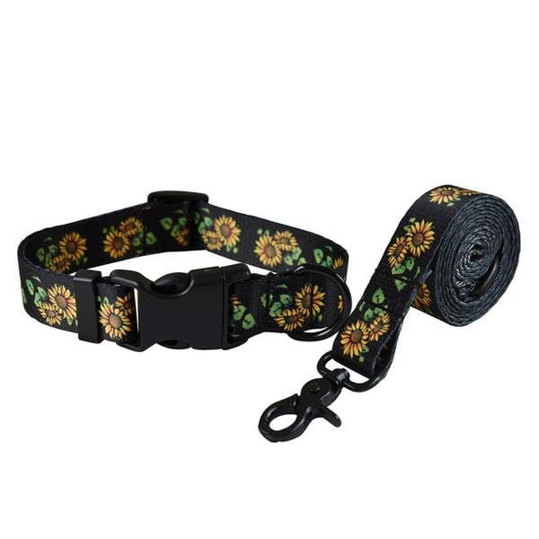 Anywags Anypet Pet Collar Leash Set Black Sunflower Sytlish Strap Comfortable Dog Accessory