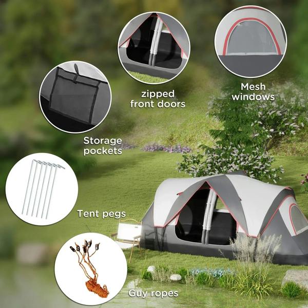 Grey camping tent with mesh windows, zipped front doors, storage pockets and guy ropes
