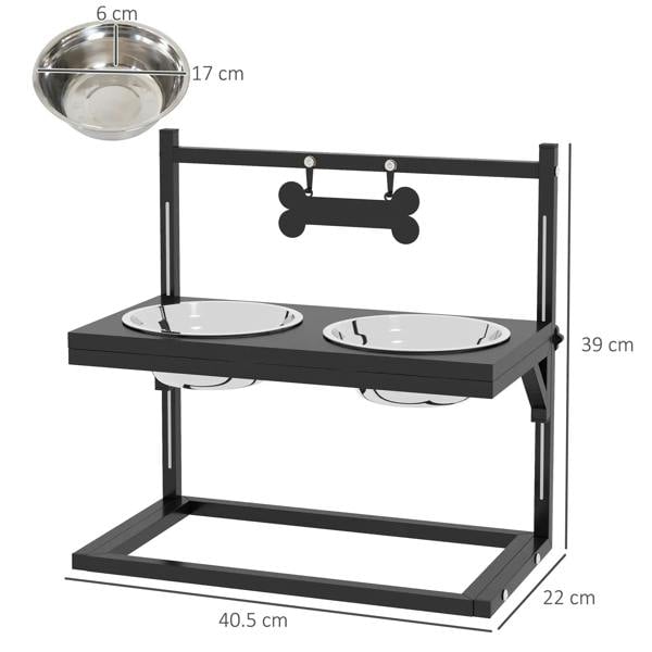 Black raised dog bowl stand with two stainless steel bowls; overall size shown