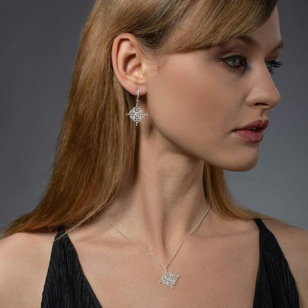 Arabesque Filigree Silver Dangle Earrings with Cubic Zirconia - namana.london