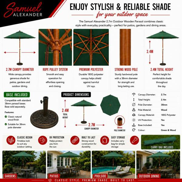 Samuel Alexander 2.7m Outdoor Wooden Garden Parasol Sun Shade with Carry Bag in Green with 9kg Base Included