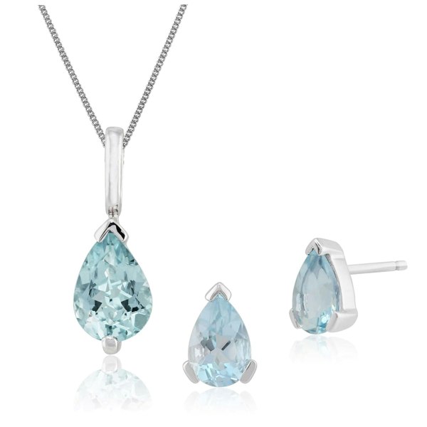 26880-25664 Classic Pear Aquamarine Single Stone Stud Earrings & Pendant Set in 9ct White Gold 1