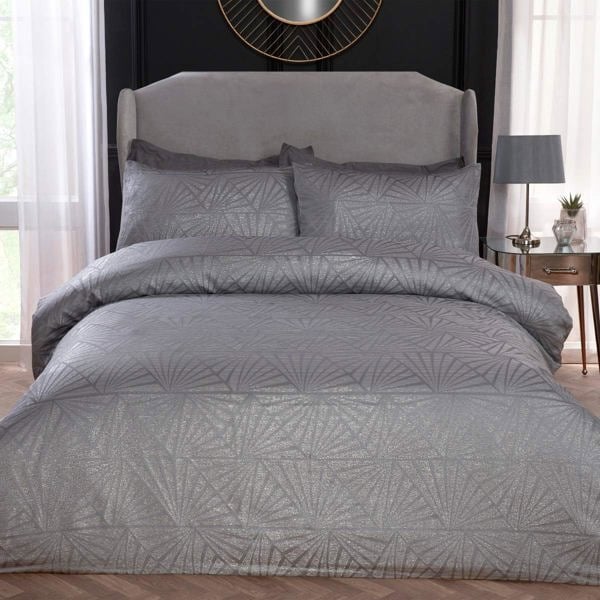 Smart Living Luxury Hotel Quality Lurex Jacquard Geometric Deco Duvet Cover with Pillowcases - Silver
