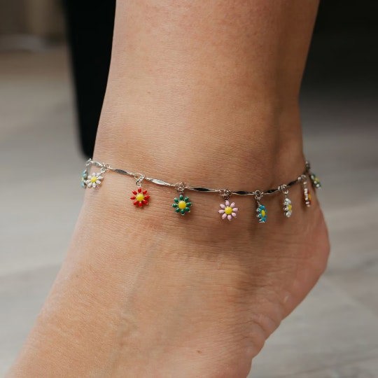 The Colourful Aura Colourful Rainbow Sun Flower Dangle Charms Indie Boho Daisy Summer Anklet