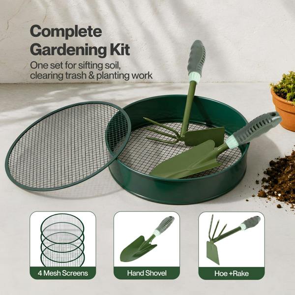 Lambu Garden Sieve Soil Sifter Set Metal 4 Mesh Inserts Shovel Hoe for Pots Green
