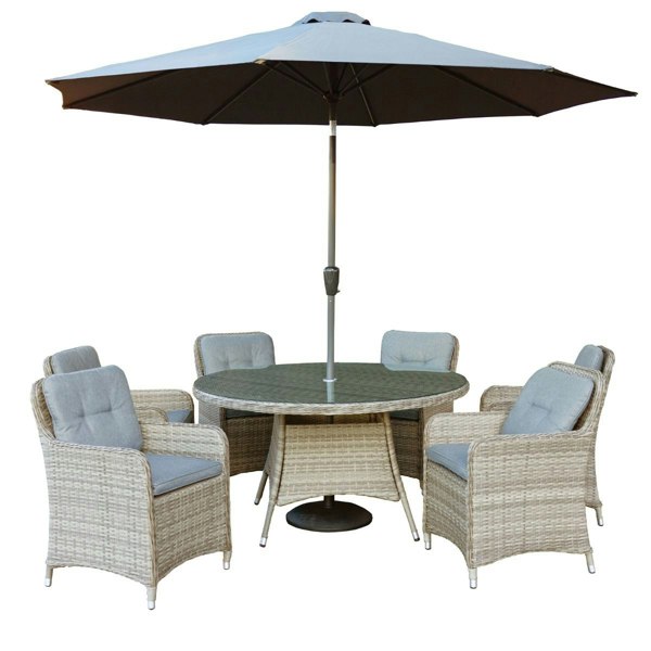 Oseasons Hampton Rattan 6 Seat Dining Set in Champagne with 3m Parasol and Base