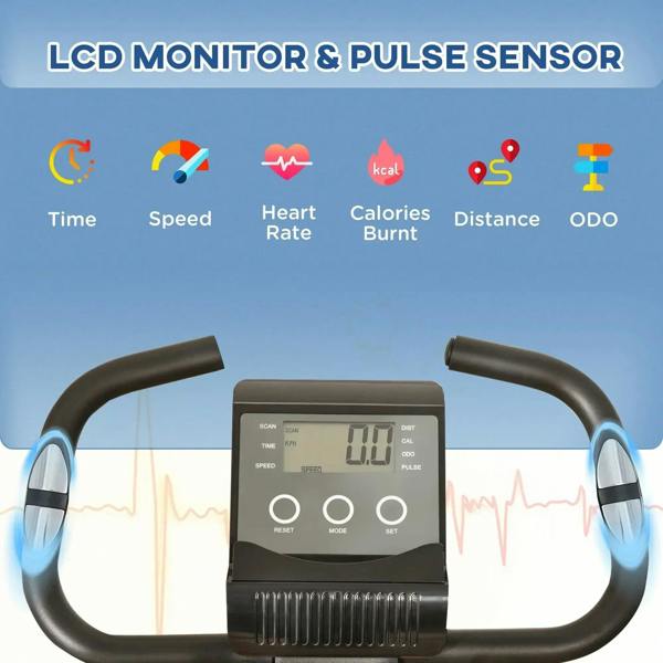 Black LCD monitor with pulse sensor on exercise bike handlebar