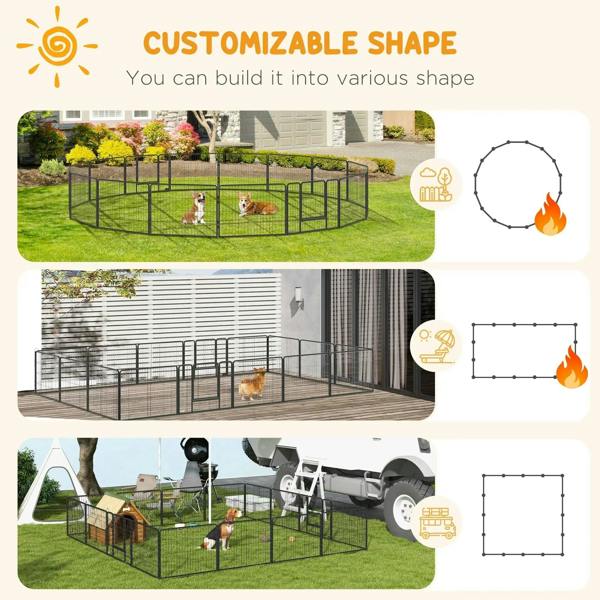 Grey wire dog playpen with customizable shape option shown in a layout graphic