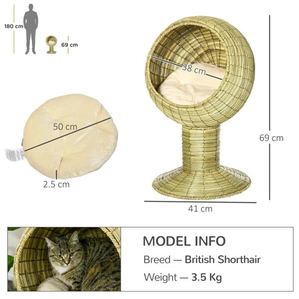 Natural yellow raised cat bed with circular tunnel, cream cushion, and pedestal base