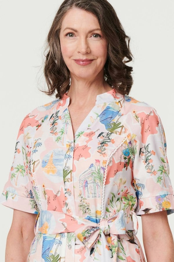 Pink | Printed Tie Waist 1/2 Sleeve Midi Dress
