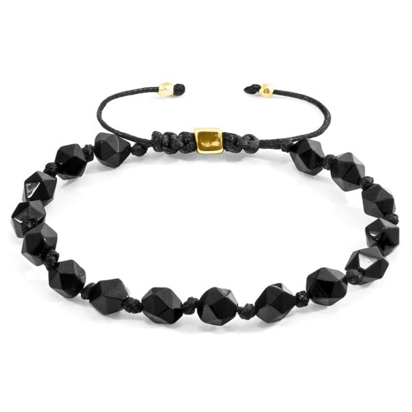 Anchor & Crew Black Agate Zebedee 9ct Yellow Gold and Stone Beaded Macrame Bracelet