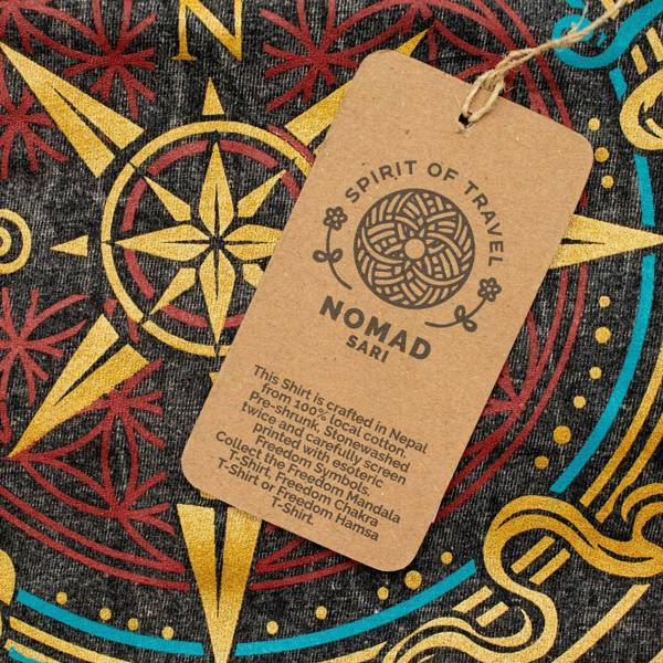 Charcoal stonewashed cotton T-shirt with Compass of Life graphic and attached hang tag