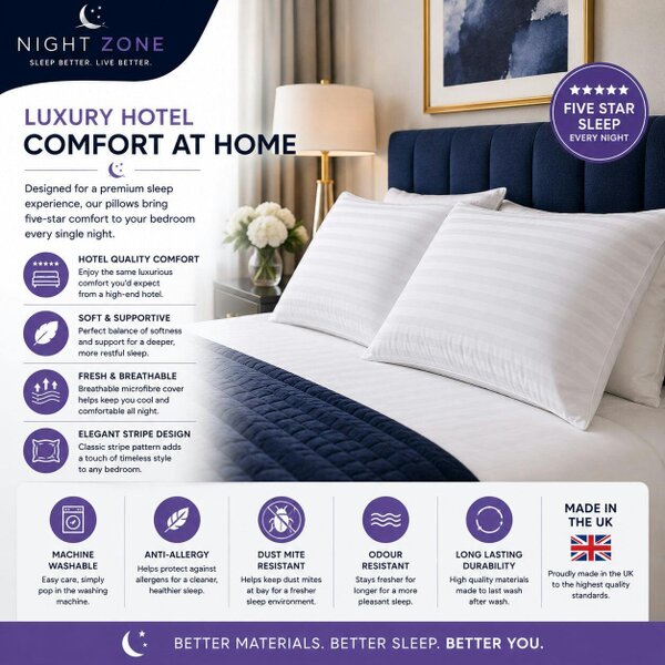 Night Zone Satin Stripe Pillows – Soft Hollow Fibre Hotel Quality Bed Pillows