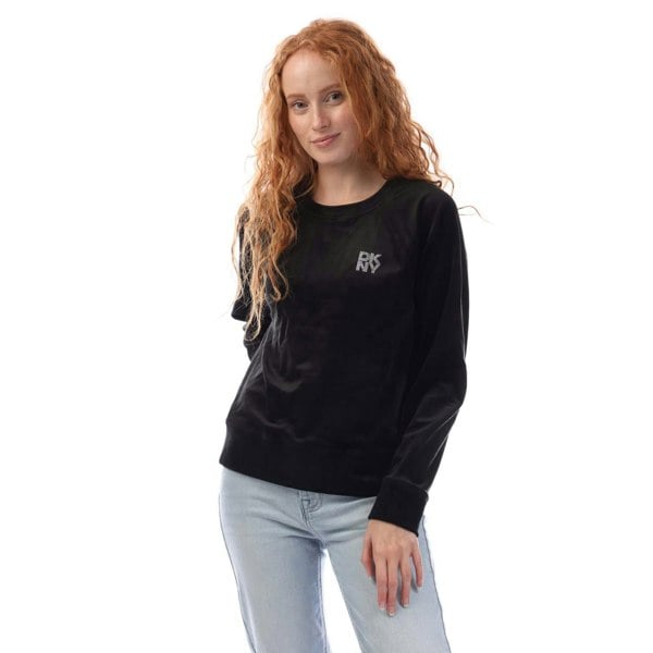 DKNY Women's Rhinestone Velour Crew Neck Sweatshirt - Black