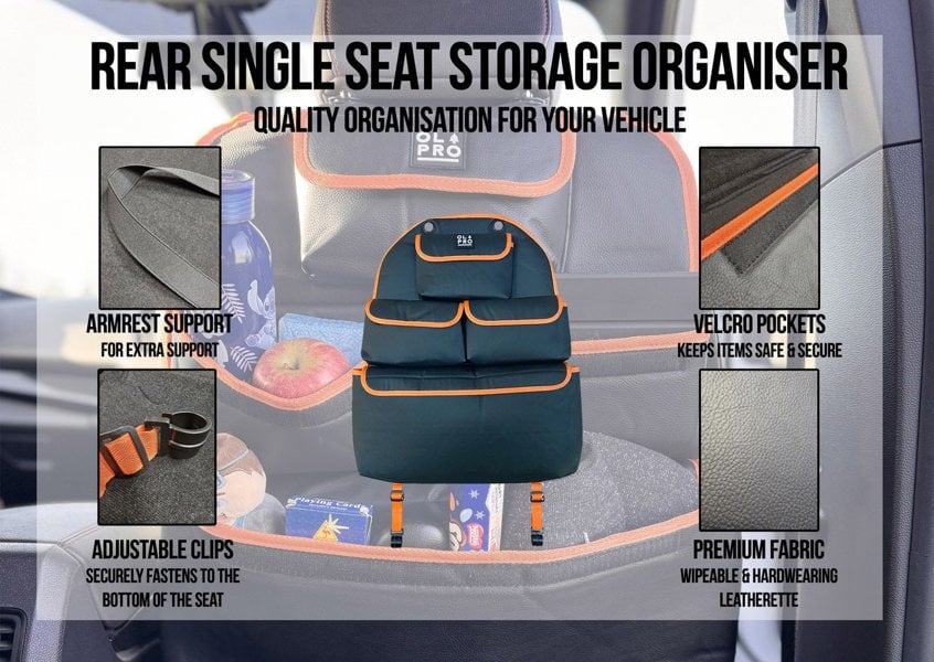 The Rear Single Seat Storage Organiser infographic depicting that the organiser has some quality features.