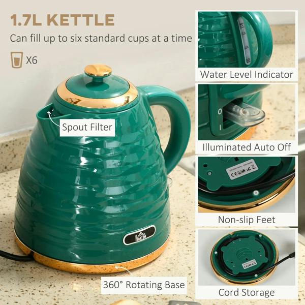 Green 1.7L kettle with gold spout filter, illuminated auto-off details, and handle.