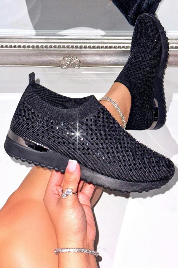 Crystal Diamond Comfort Stretch Sock Slip On Trainers Black featuring stretch knit upper for a secure, flexible fit