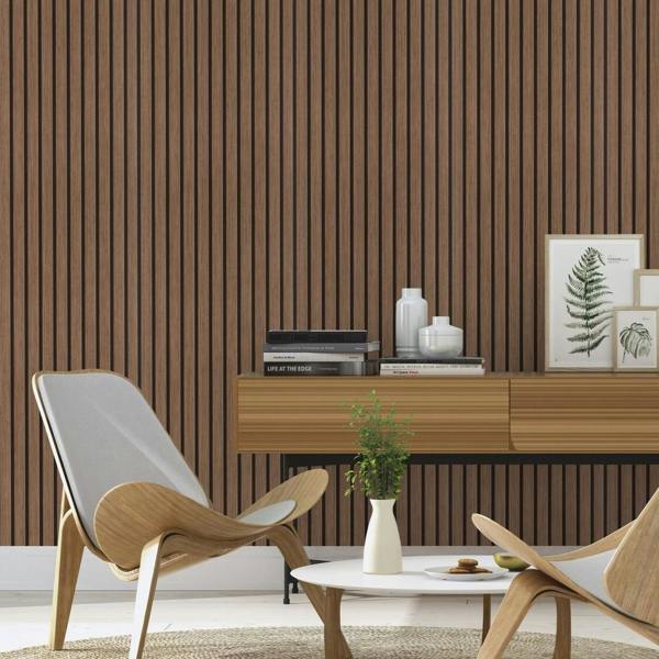 Rasch x Tesa Echo 3D Wood Slat Effect Self Adhesive Peel and Stick Textured Wallpaper, Walnut