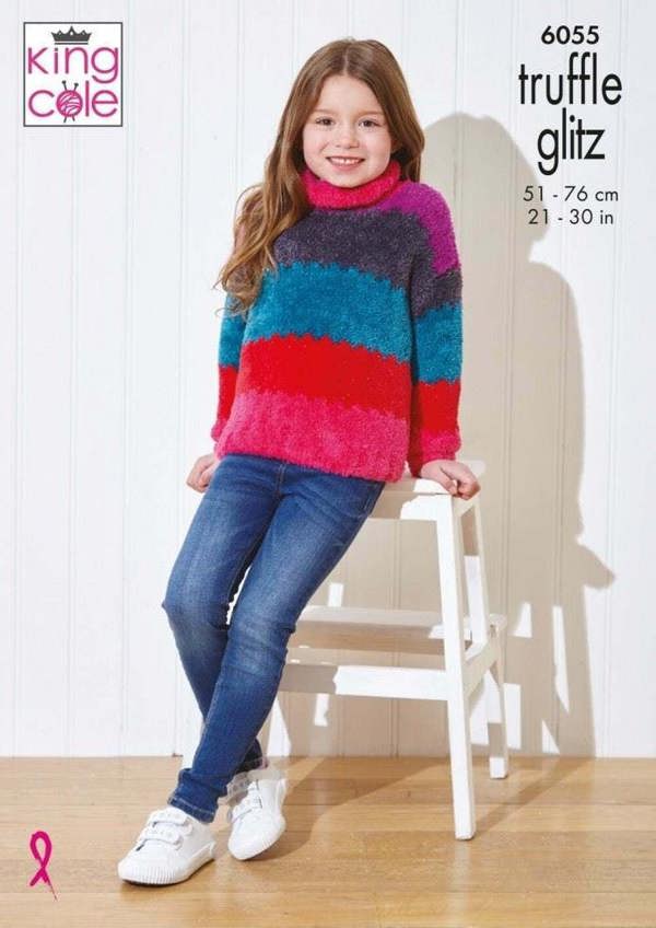 King Cole Truffle Glitz Knitting Pattern 6055, Sweaters, Headwear, Scarves, Gloves for Kids, 21 - 30 Inches