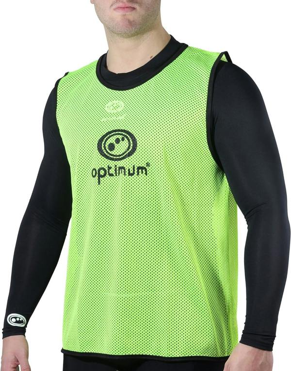 Fluorescent yellow mesh Optimum training bib with black logo worn by a man over black top, front view - Optimum
