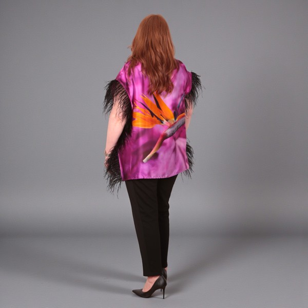 Sylvia Piechulla Bird of Paradise Pink Purple Silk Black Feather Top