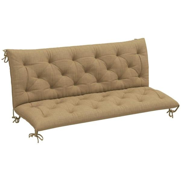 Khaki three-seater bench cushion with tufted padding, quilted back, and corner ties