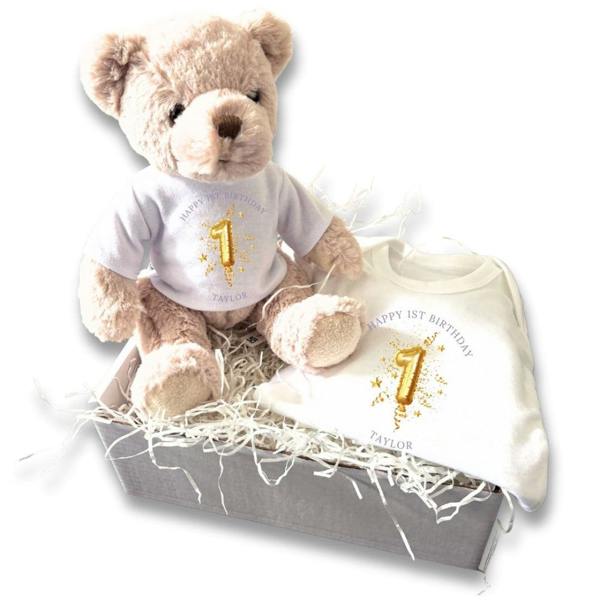 Personalised 1st Birthday Gold Balloon Gift Hamper Baby Gift Box - Teddy & Vest